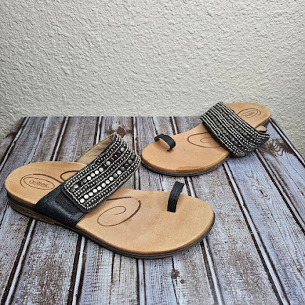 Aetrex layla embellished slide sandals leather women's size 10w black and tan